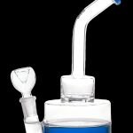 Clear glass water pipe with blue accents and a glass bowl.