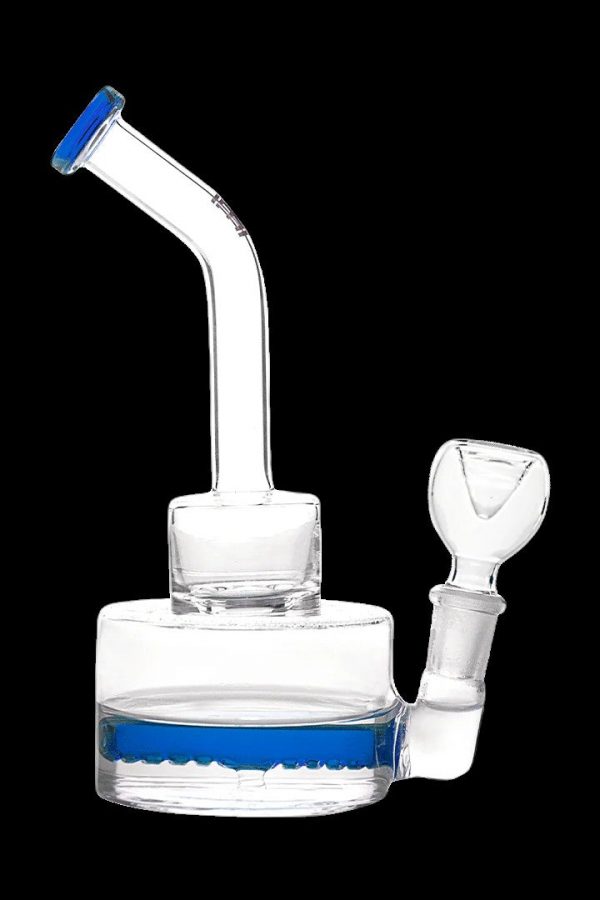 Clear glass water pipe (bong) with blue accents and a glass bowl.