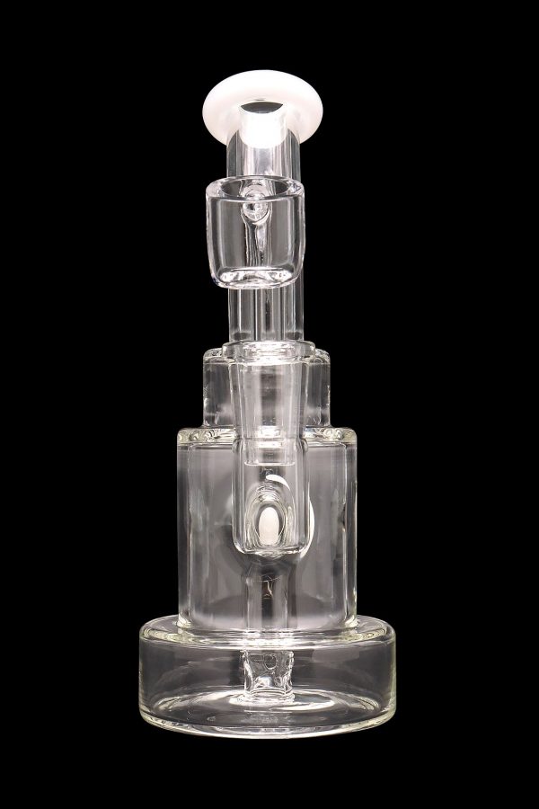 Clear glass dab rig with multiple percolators, isolated on a black background.
