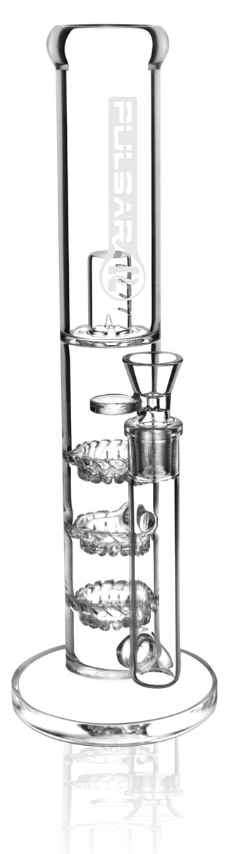 Front view of the Pulsar Glass Water Pipe With Three Turbine Percolators, showcasing the clear glass and stacked percolators.