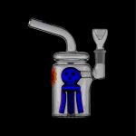 Glass water pipe with a blue octopus design inside, isolated on a black background.