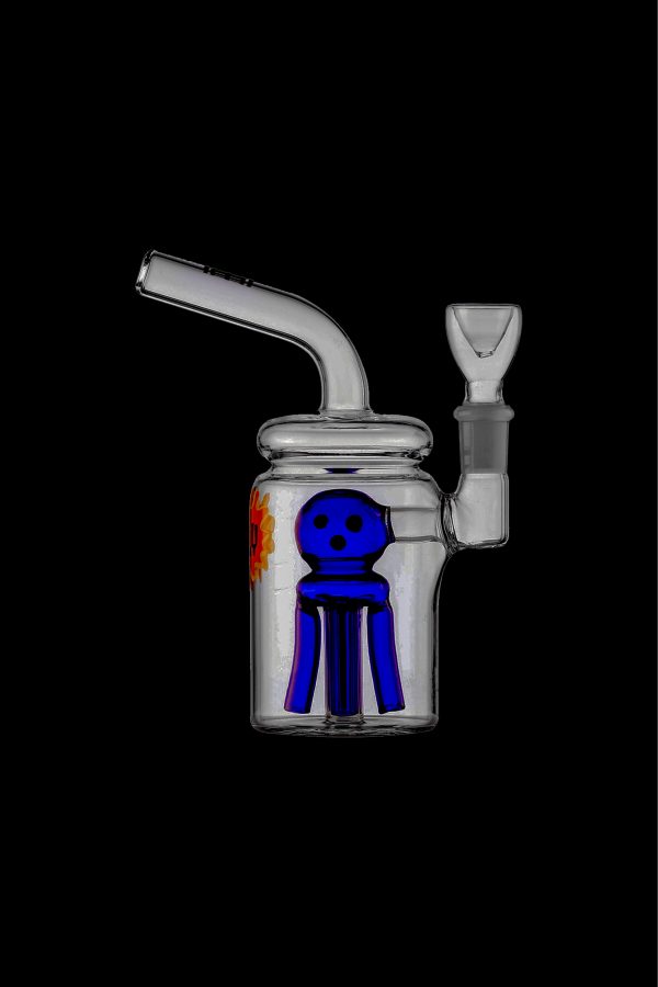 Glass water pipe with a blue octopus design inside, isolated on a black background.