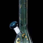 Green glass bong with gold celestial designs, featuring a flared base and intricate mouthpiece.