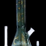 Green glass bong with celestial-themed gold illustrations, accompanied by a glass downstem and bowl.
