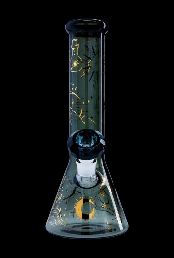 Green glass bong with golden celestial designs.