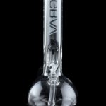 Clear glass water pipe (bong) with intricate design, studio shot.