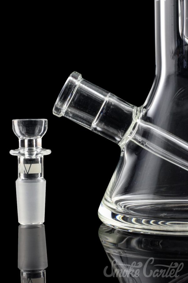 A studio shot of the GRAV® 8" Basic Beaker Bong, showcasing its clear glass construction and reflective surface.