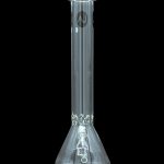 Clear glass bong with vertical ribbed tube and flared base.
