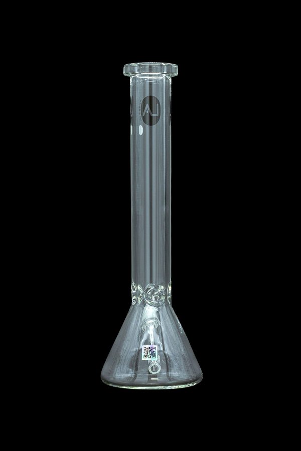 Clear glass bong with vertical ribbed tube and flared base.