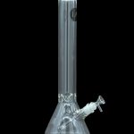 Clear glass bong with intricate percolator tubes, isolated on a black background.