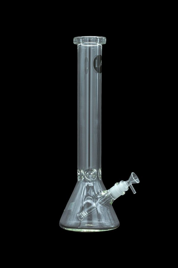 Clear glass bong with intricate percolator tubes, isolated on a black background.