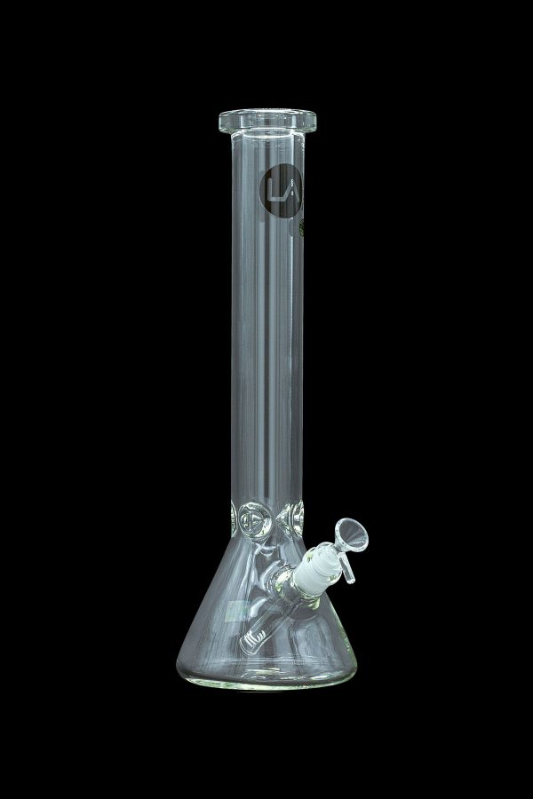 Clear glass water pipe (bong) with ice pinches and a removable downstem, isolated on a black background.