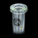 Clear glass ashtray with a green rim and “LA” logo, isolated on a black background.