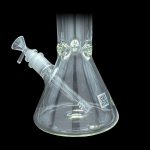 Clear glass bong with ice catch and QR code sticker.