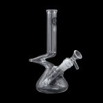 Clear glass water pipe (bong) with a downstem and bowl, isolated on a black background.