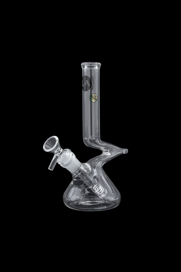 Clear glass water pipe (bong) with intricate design against a black background.