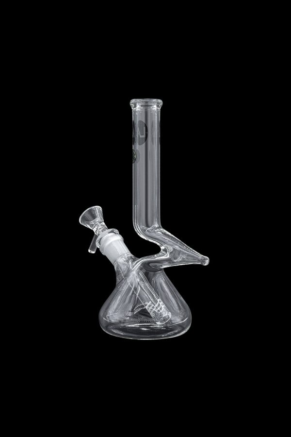 Clear glass water pipe (bong) with intricate design, isolated on black.