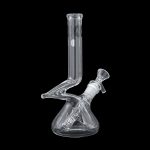 Clear glass water pipe (bong) with intricate design, isolated on a black background.