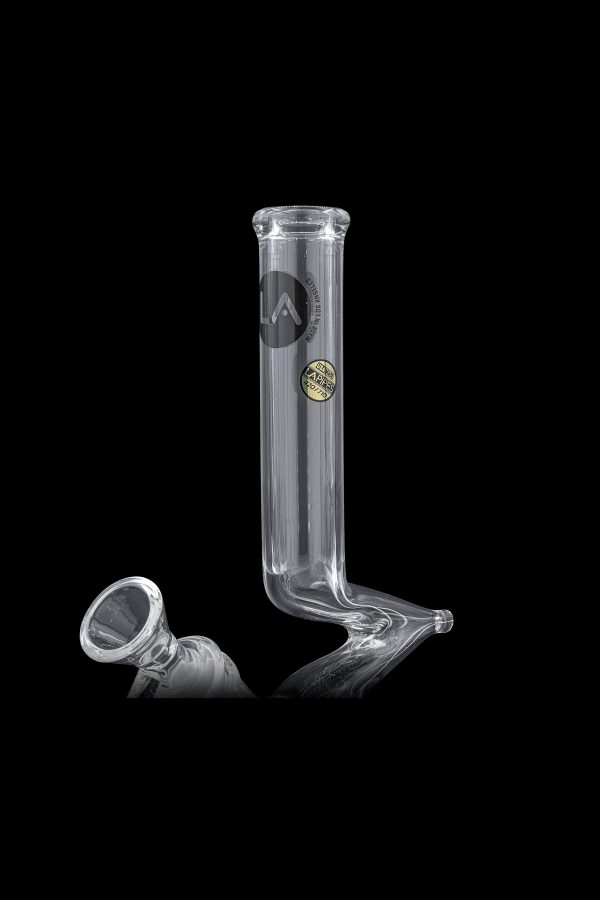 Clear glass bubbler with a flared mouthpiece and etched logo.