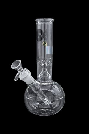 Clear glass water pipe (bong) with a detachable downstem and bowl, isolated on a black background.