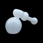 Glass dab rig with spherical and cylindrical components, isolated on a black background.