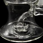 Clear glass water pipe (bong) with intricate percolator design.