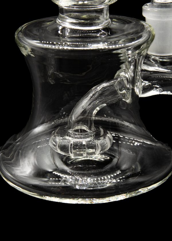 Clear glass water pipe (bong) with intricate percolator design.