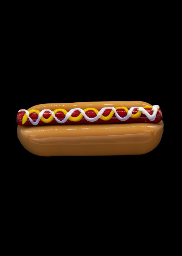 Hot dog-shaped cannabis case with colorful accents.