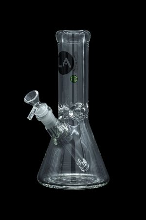 Clear glass water pipe (bong) with intricate swirling patterns and a glass bowl attachment.