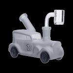 Frosted glass water pipe shaped like a classic car with a quartz banger.