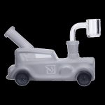Frosted glass water pipe shaped like a classic car with a quartz banger.