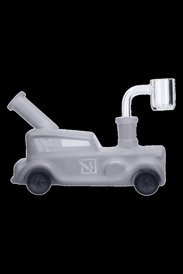 Frosted glass water pipe shaped like a classic car with a quartz banger.