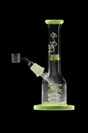 A studio shot of the Cheech & Chong "Jade East" Mini Rig Dabber, featuring a translucent green glass rig with a visible mouthpiece.