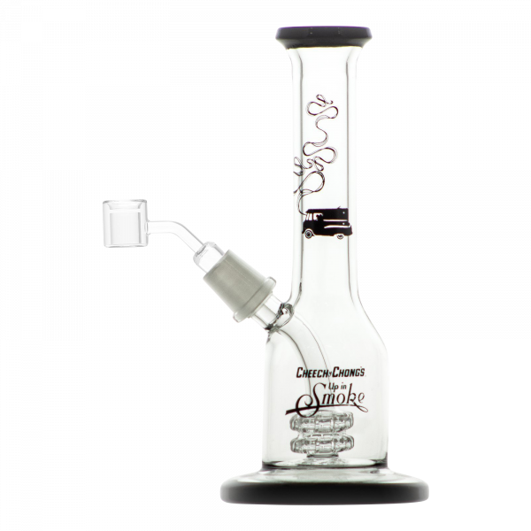 The Cheech & Chong "Jade East" Mini Rig Dabber is shown in a studio shot, with its clear glass body and compact size highlighted.