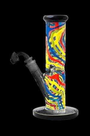 Front view of the Famous Brandz "Amnesia" Straight Tube with Banger, showcasing its colorful pattern and cylindrical shape.