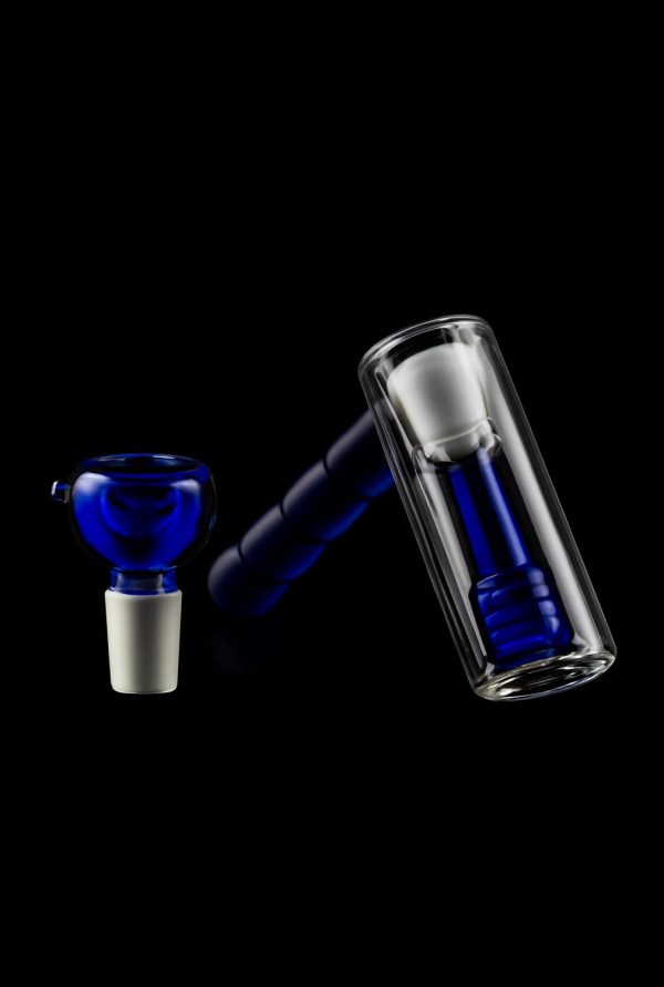 Blue glass bubbler and water pipe against a black background.