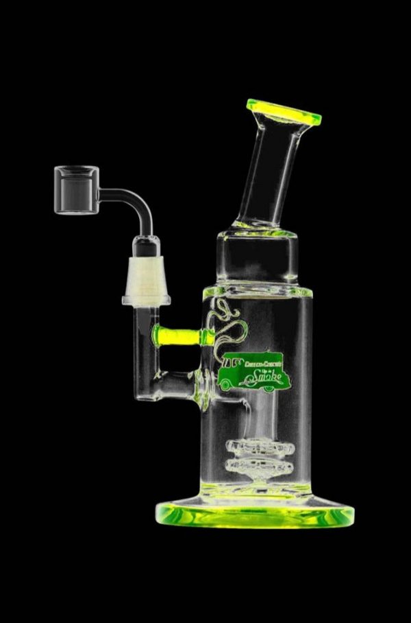 Front view of the Cheech & Chong Showerhead Perc Dab Rig - Anthony, showcasing its clear glass construction and unique perc design.