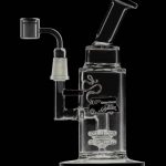 A studio shot of the Cheech & Chong Showerhead Perc Dab Rig - Anthony, displaying its clear glass construction and unique perc design.