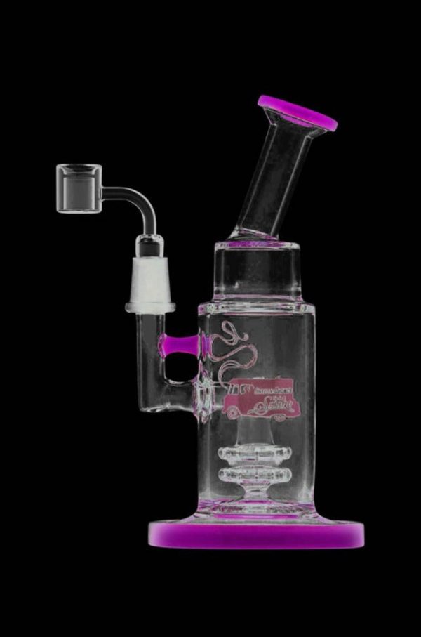 Front view of the Cheech & Chong Showerhead Perc Dab Rig - Anthony, highlighting the clear glass and curved neck design.