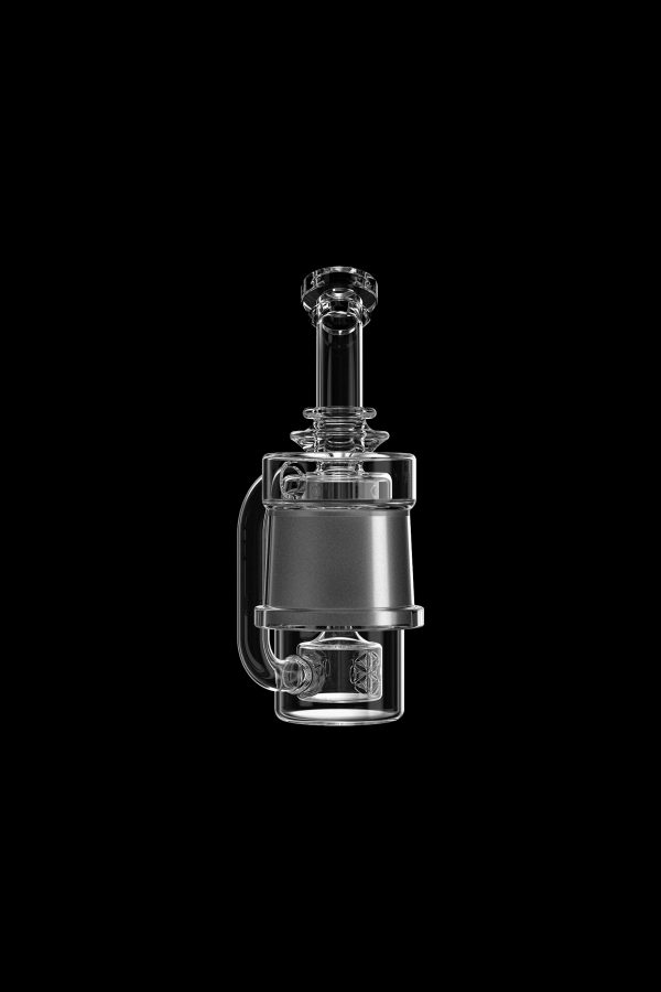 Clear glass dab rig with intricate percolator design, isolated on a black background.