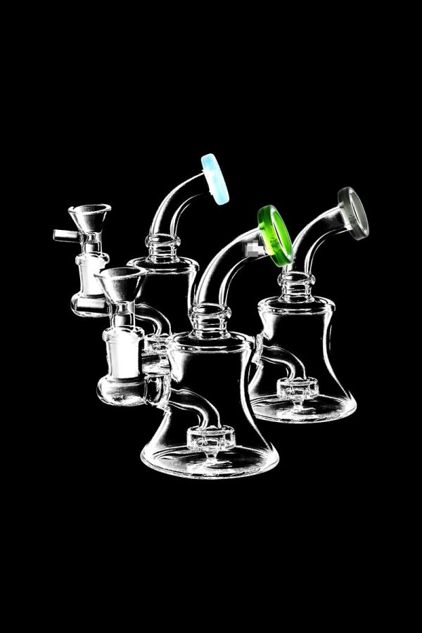 Front view of the Bent Neck Bell Mini Water Pipe, a clear glass piece with a gently curved neck and bell-shaped base.