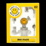 Front view of the Goody Glass Big Face Mini Rig, a clear glass piece with a unique face-shaped design.