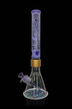 A vibrant, patterned glass bong with a purple and teal color scheme.