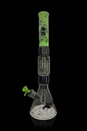 Neon green and black glass water pipe (bong) with celestial pattern, studio shot.