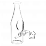 A three-quarter view of the Pulsar Bottle Style Glass Rig with an angle cut banger, highlighting its clear glass construction.