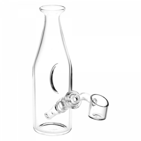 A three-quarter view of the Pulsar Bottle Style Glass Rig with an angle cut banger, highlighting its clear glass construction.