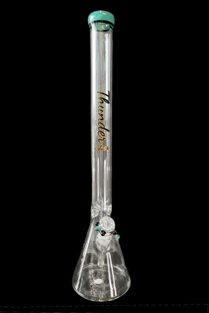 Tall glass bong with ice catch and flared base.