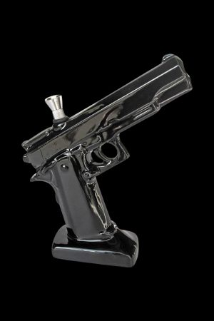 A front view of the Ceramic .45 Pistol Shaped Water Pipe, showcasing its glossy black ceramic finish and realistic pistol form.