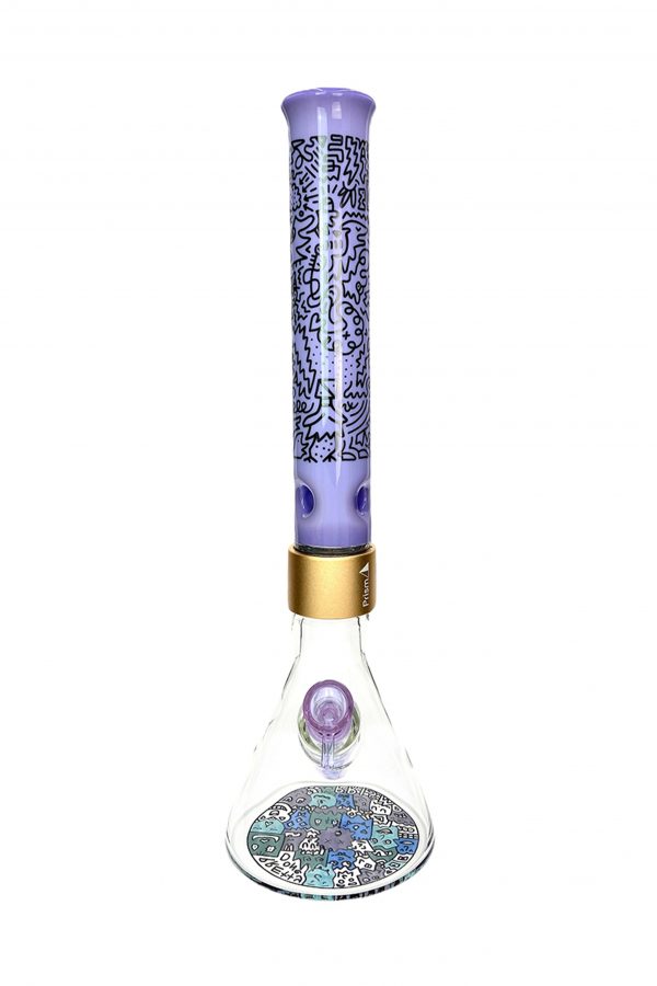 Purple glass water pipe with abstract doodle pattern and gold accent.