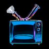 Iridescent glass water pipe shaped like a retro television.